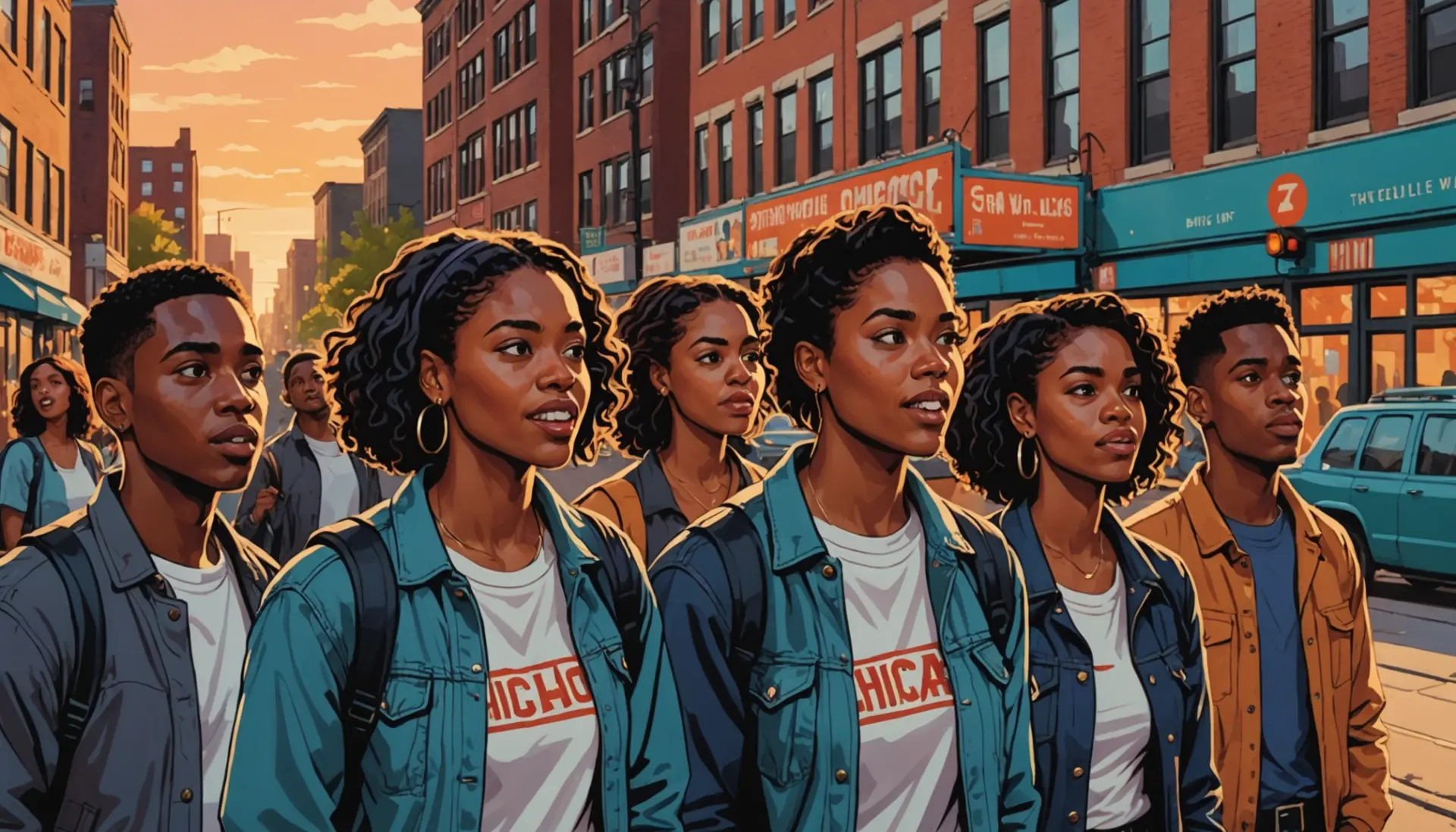 Editorial illustration of Chicago street scene with young people reacting to conversation, highlighting buford chicago slang