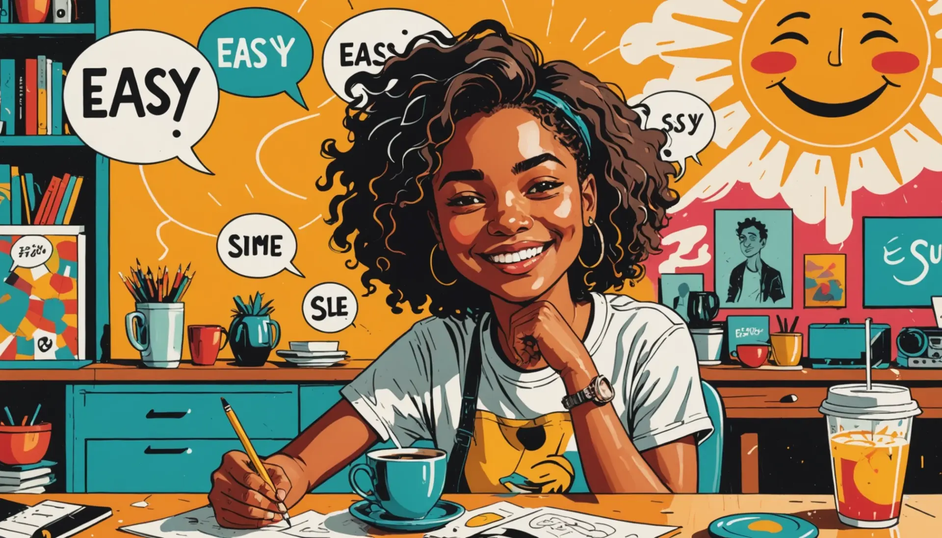 Editorial illustration showing a person pondering the phrase 'what does facile mean' with speech bubbles and expressive gestures