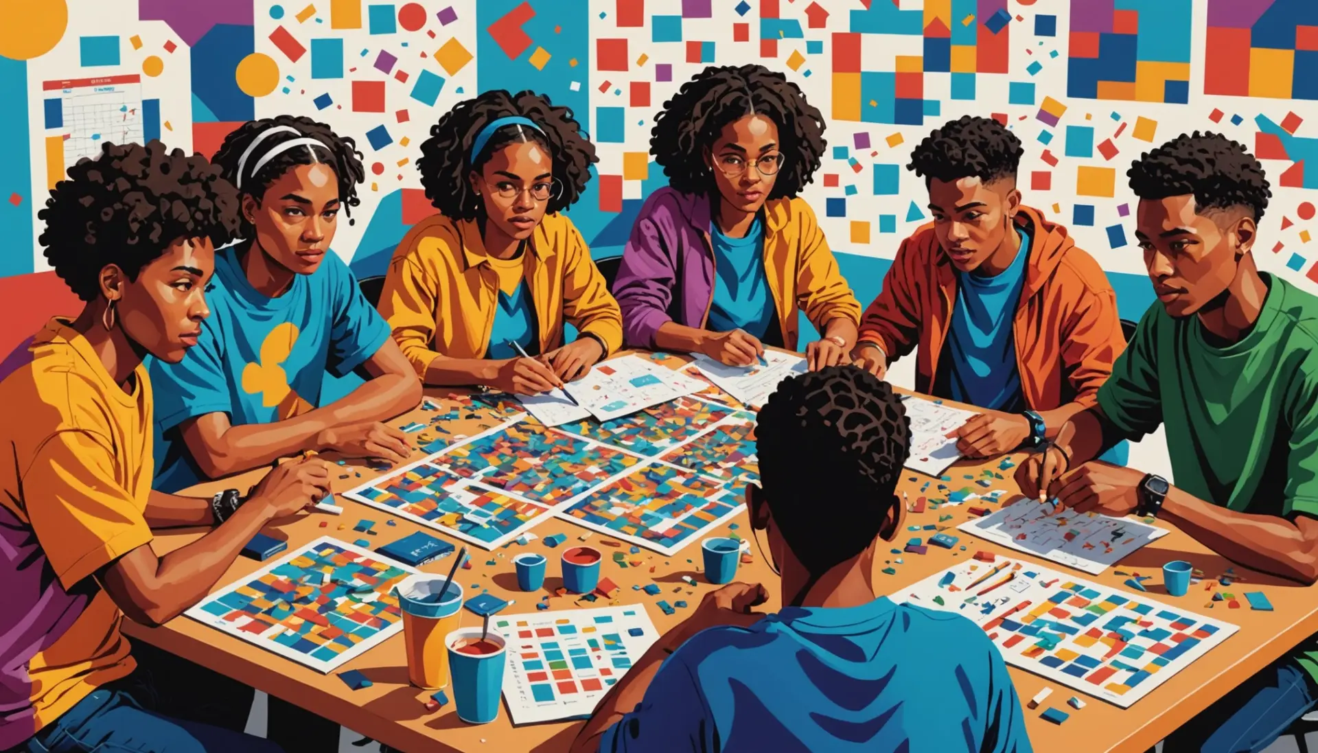 Illustration showing people discussing what does aggregate mean with charts and sports scores