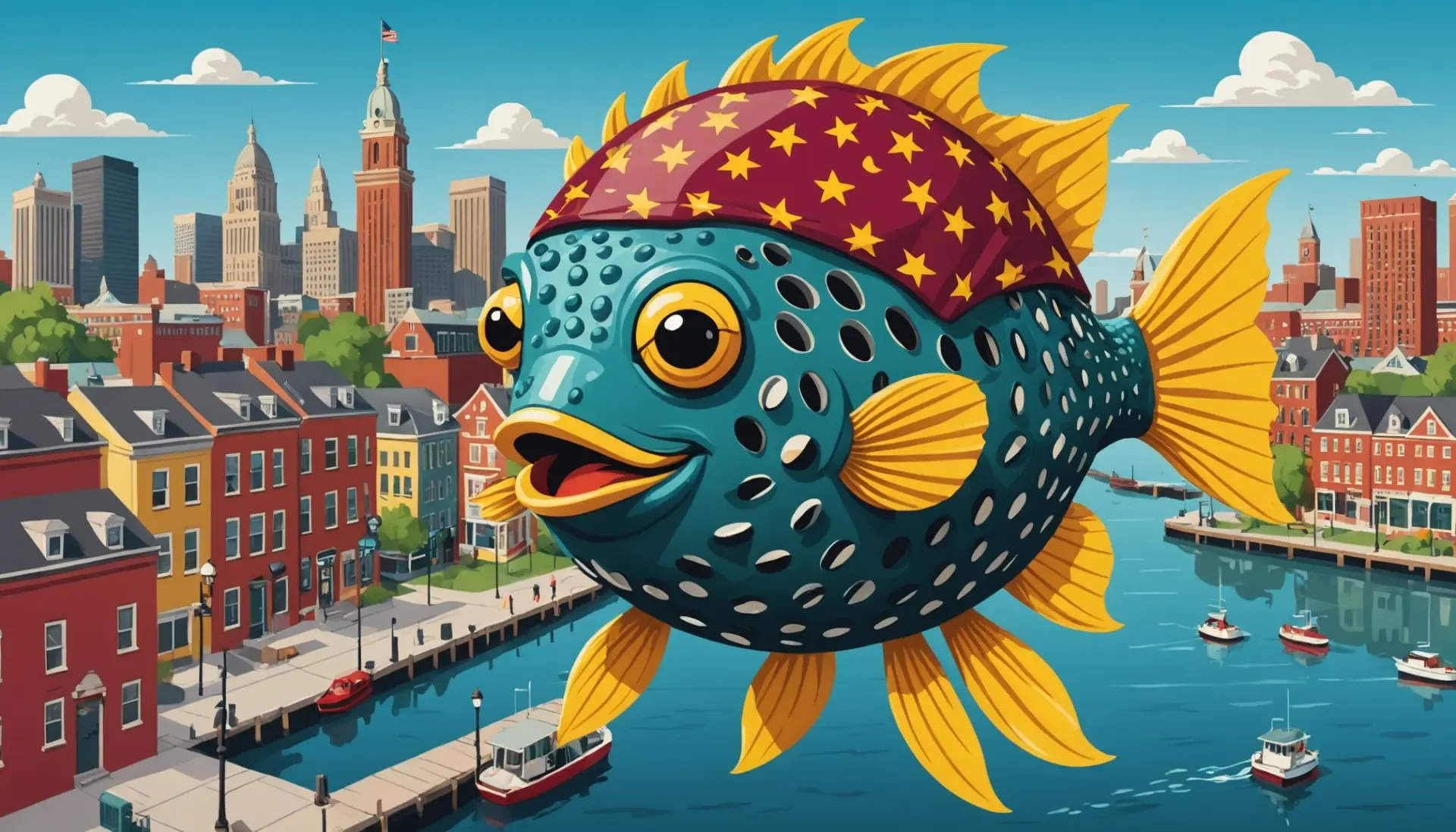 Editorial illustration of maryland blowfish urban dictionary concept, vibrant and bold