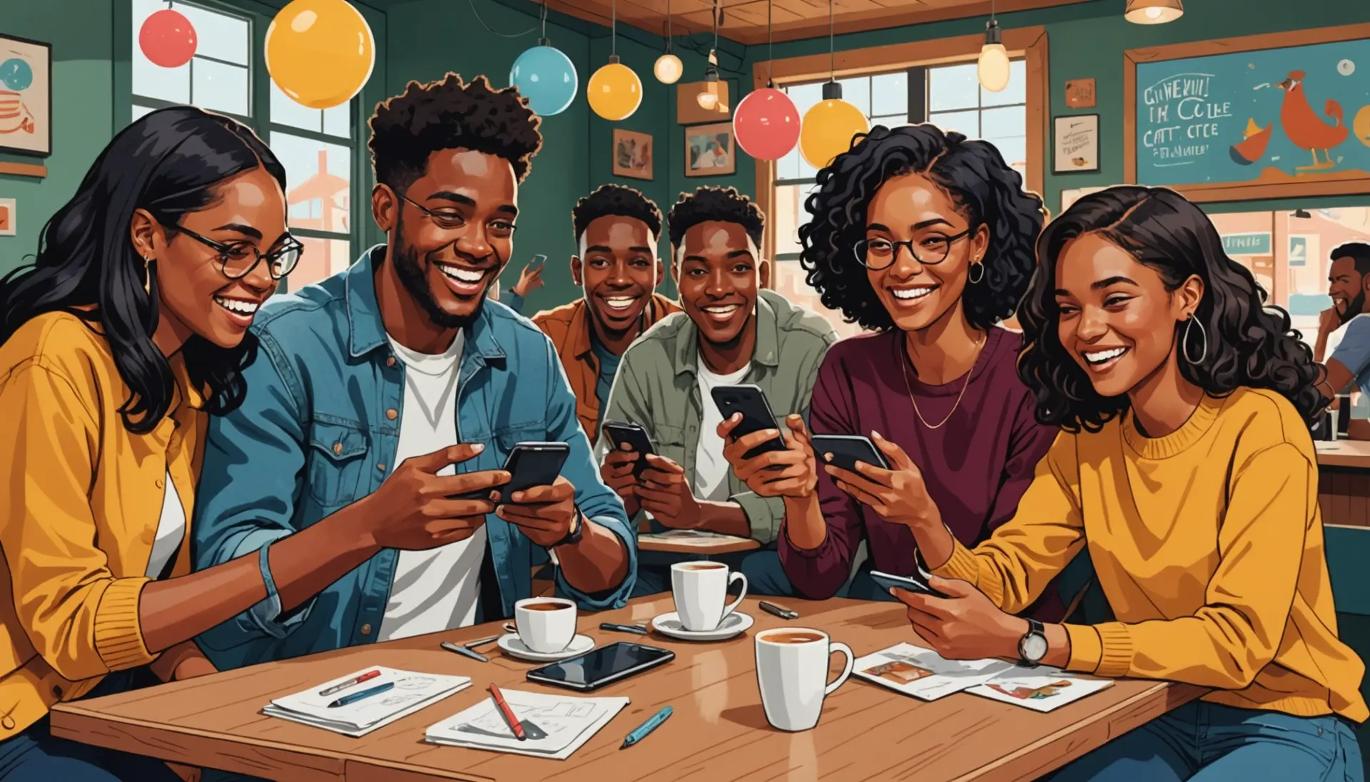 Editorial illustration showing people using the phrase miter slang in a chat scene