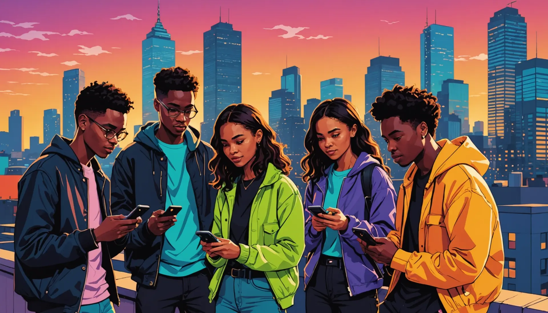 Editorial illustration showing people asking when and where in slang at a city rooftop meetup