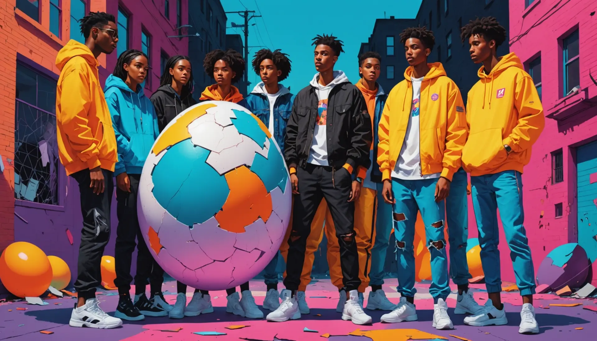 Editorial illustration of diverse people around a cracked egg, representing egg slang