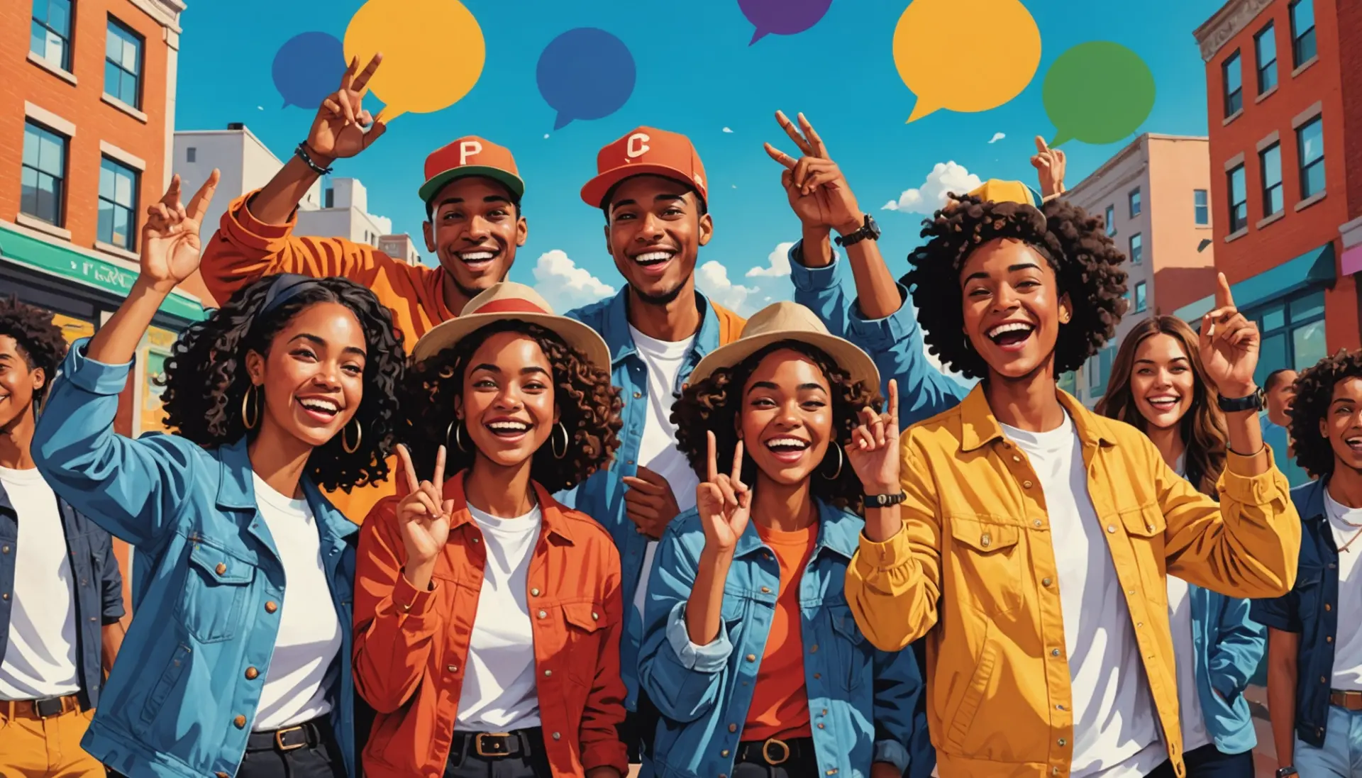 Editorial illustration showing young people texting and saying what does no cap mean with expressive faces