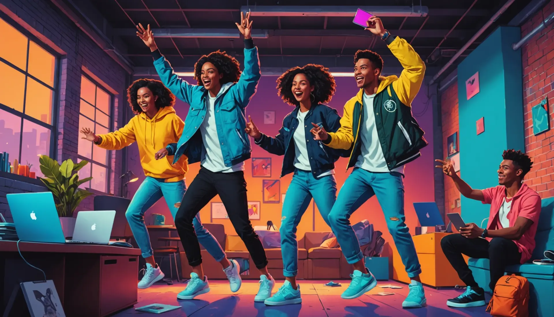 Editorial illustration showing young people flipping sneakers and reacting, caption-free, themed around flip slang meaning