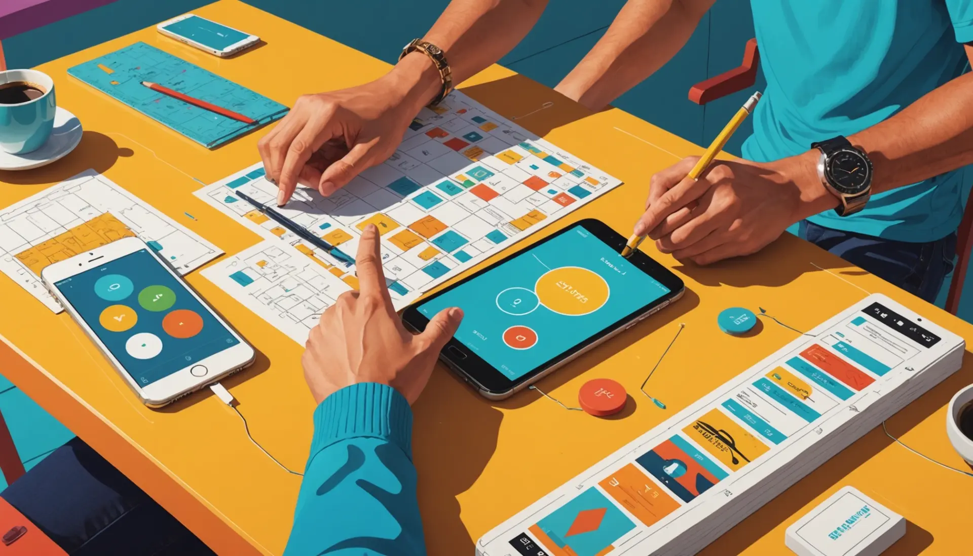 Editorial illustration showing people asking what does cubit mean with ancient measuring arm and modern phone