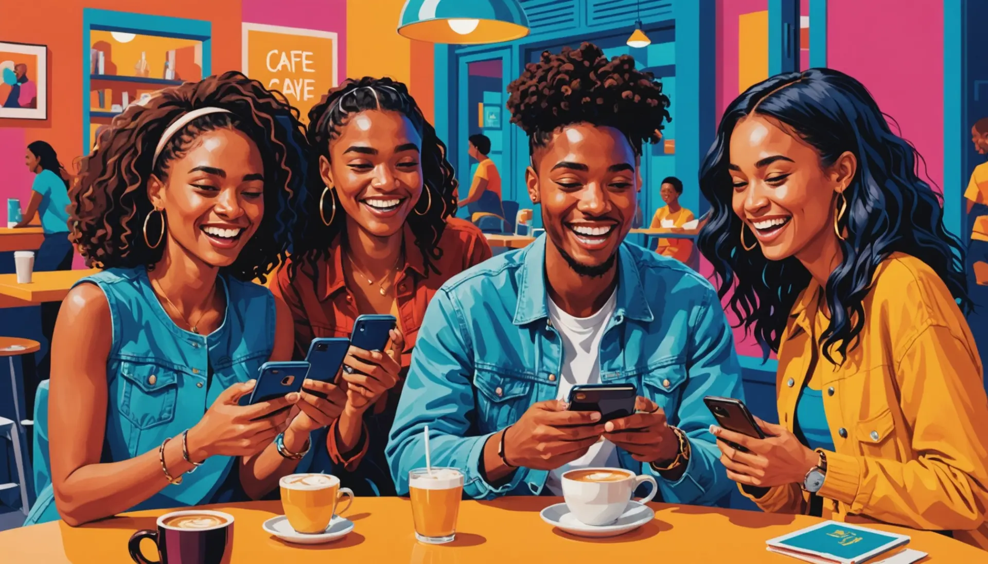Editorial illustration showing young people using phones with social captions that include sas meaning slang