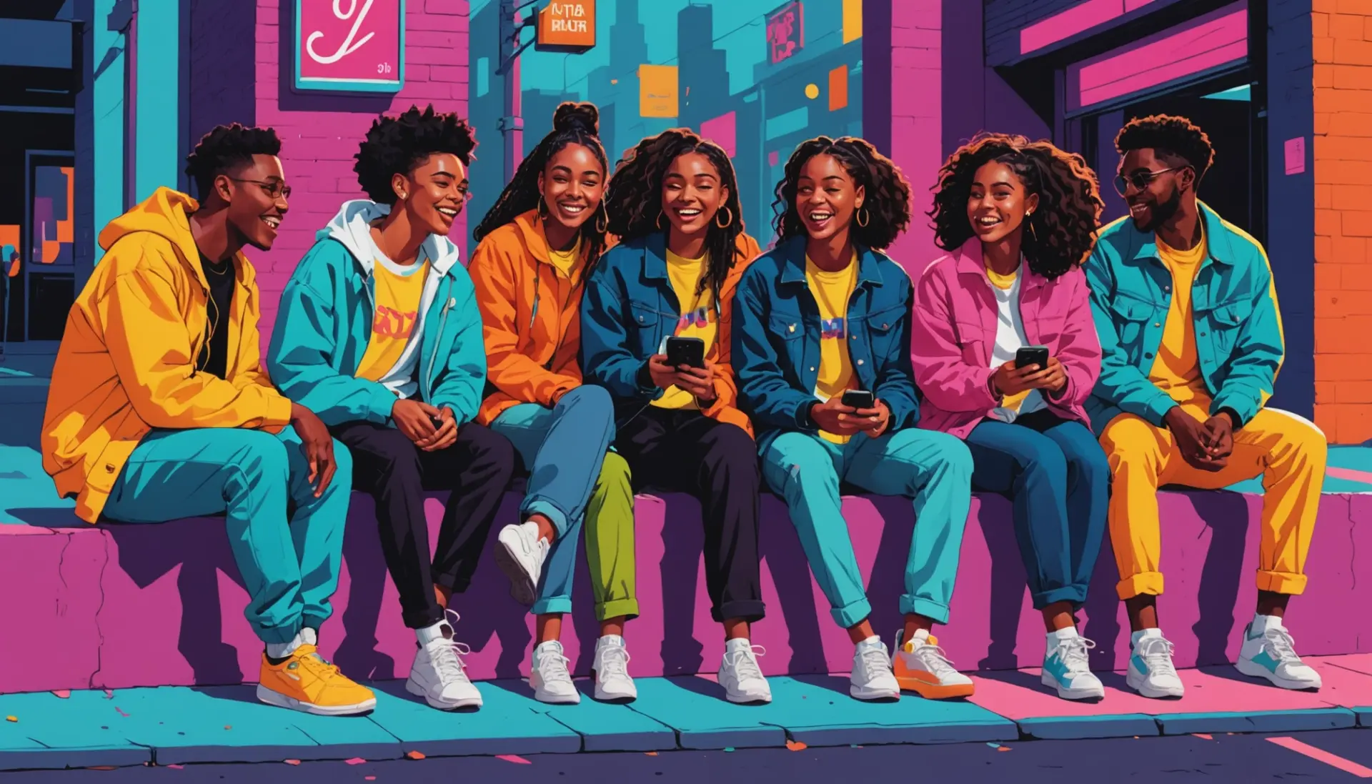 Editorial illustration showing young people using 'bra' meaning slang in conversation, bra meaning slang