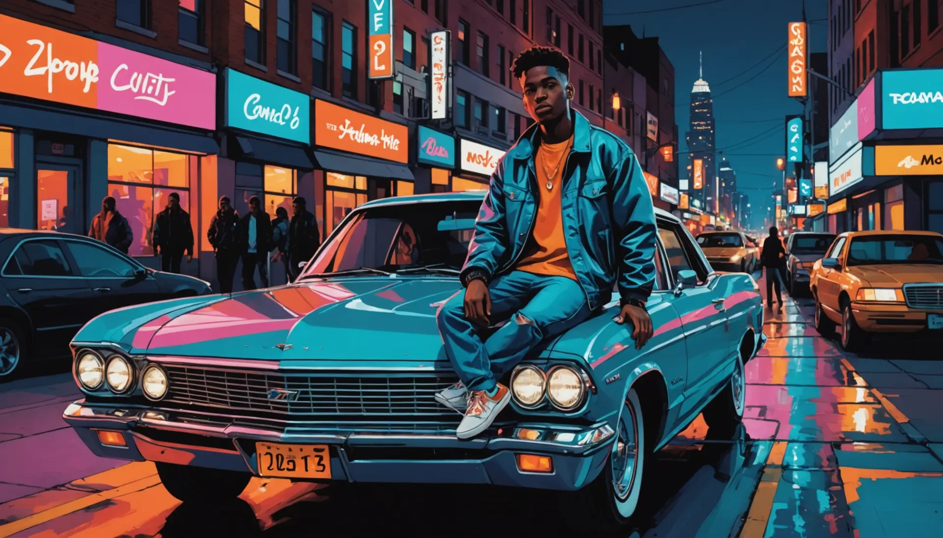 Editorial illustration showing a stylish person next to a shiny car with the phrase what is whip slang for implied in scene
