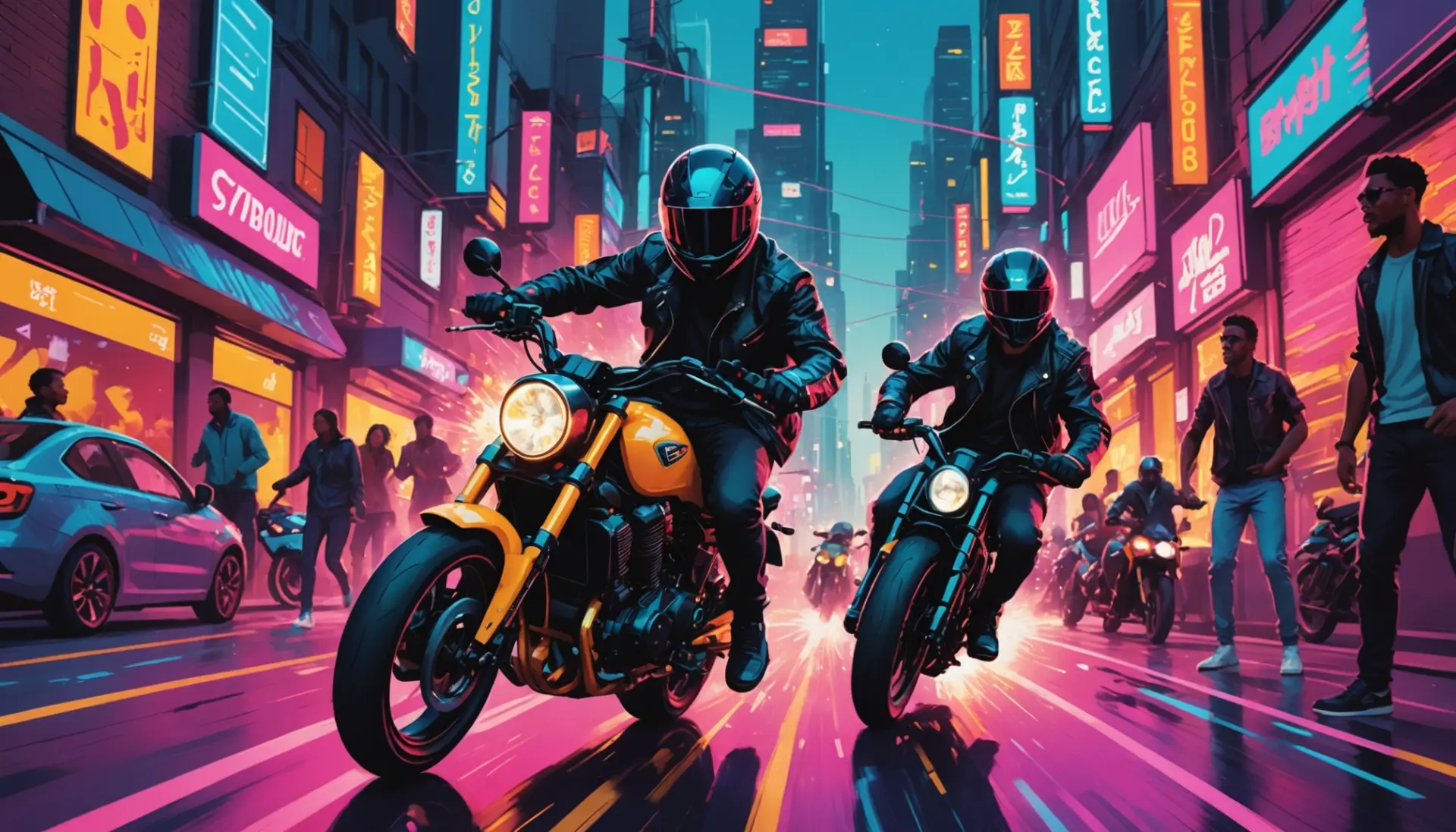 Editorial illustration of a small fast motorcycle labeled pocket rocket with urban background, representing what is a pocket rocket slang
