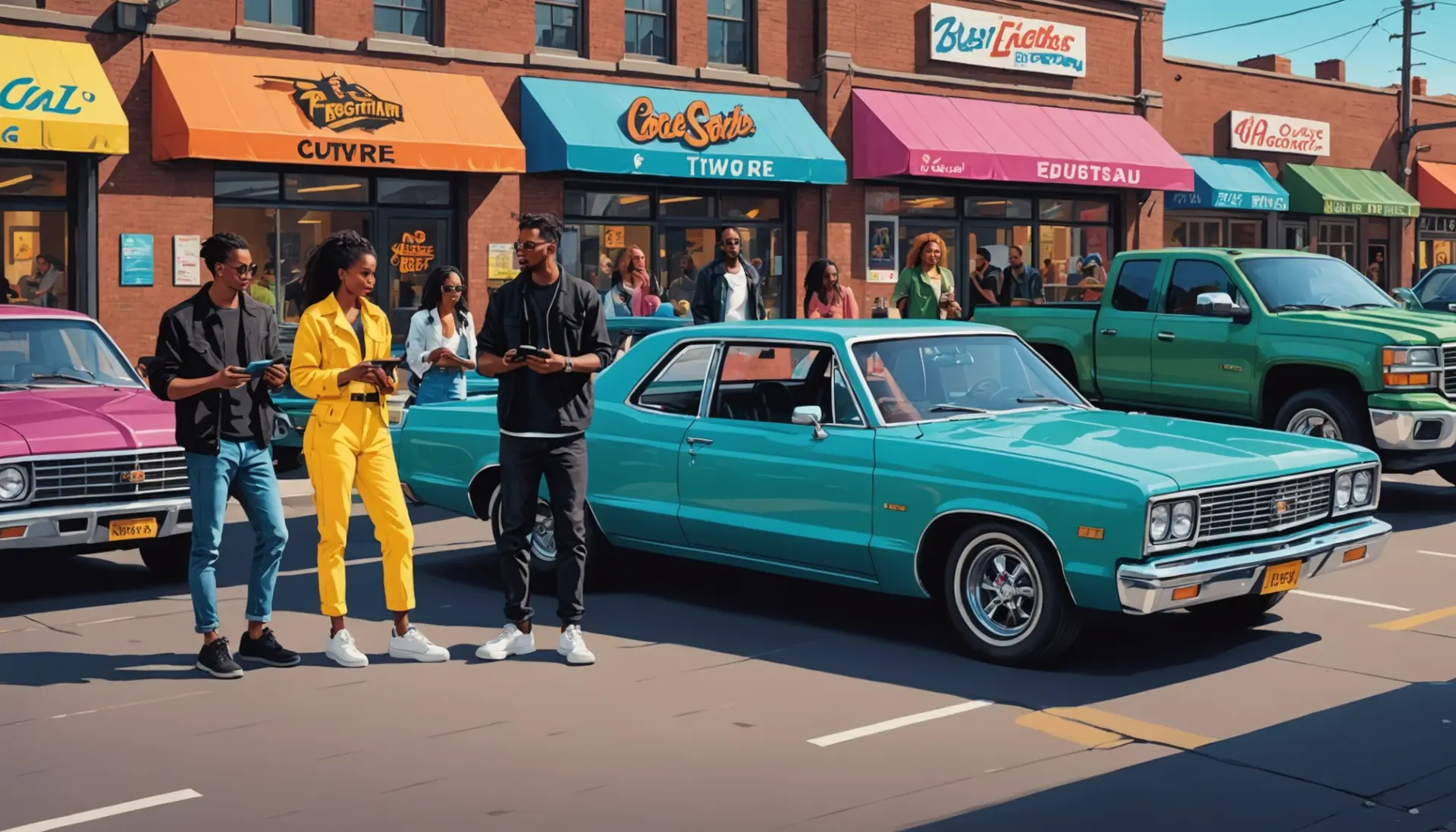 Editorial illustration showing people and different vehicles, titled with slang terms for car in mind