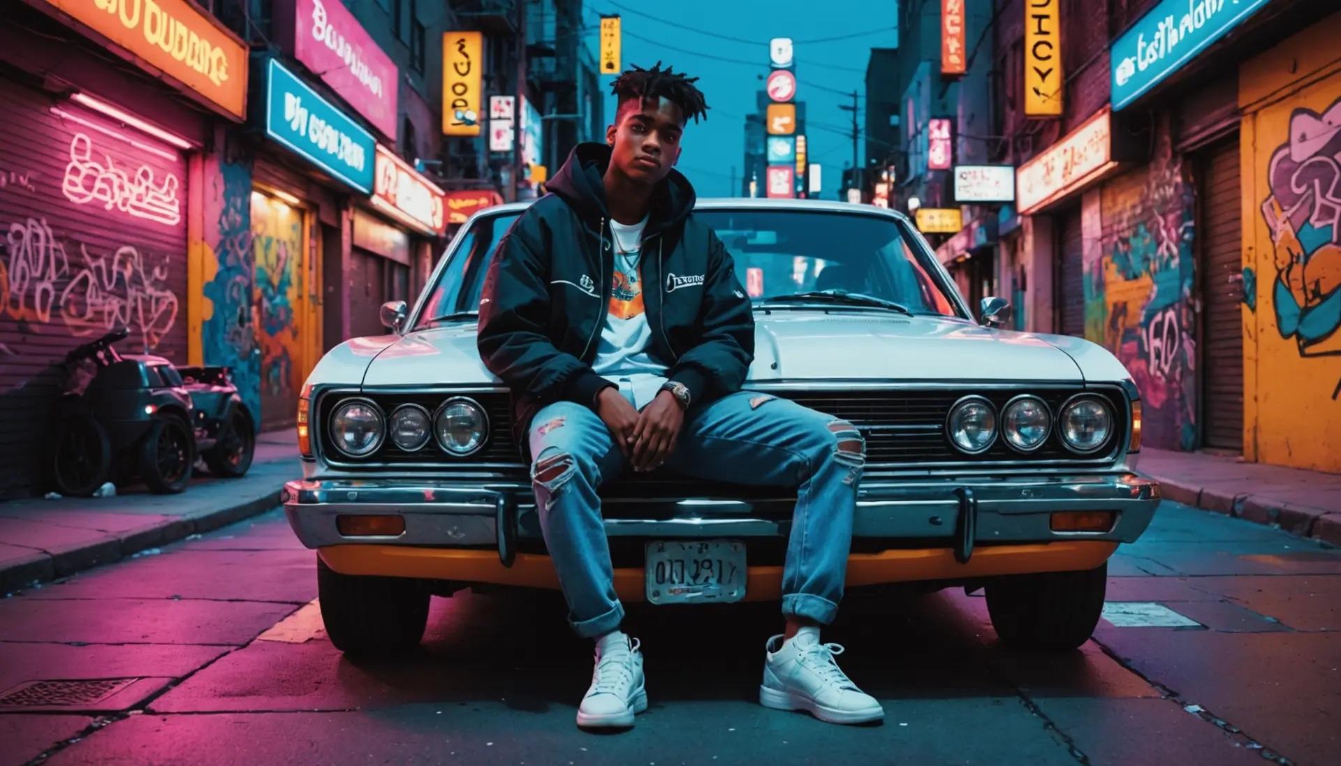 Illustration showing a person leaning on a shiny car with graffiti-style caption vibe, featuring the phrase is whip slang for car concept visually represented
