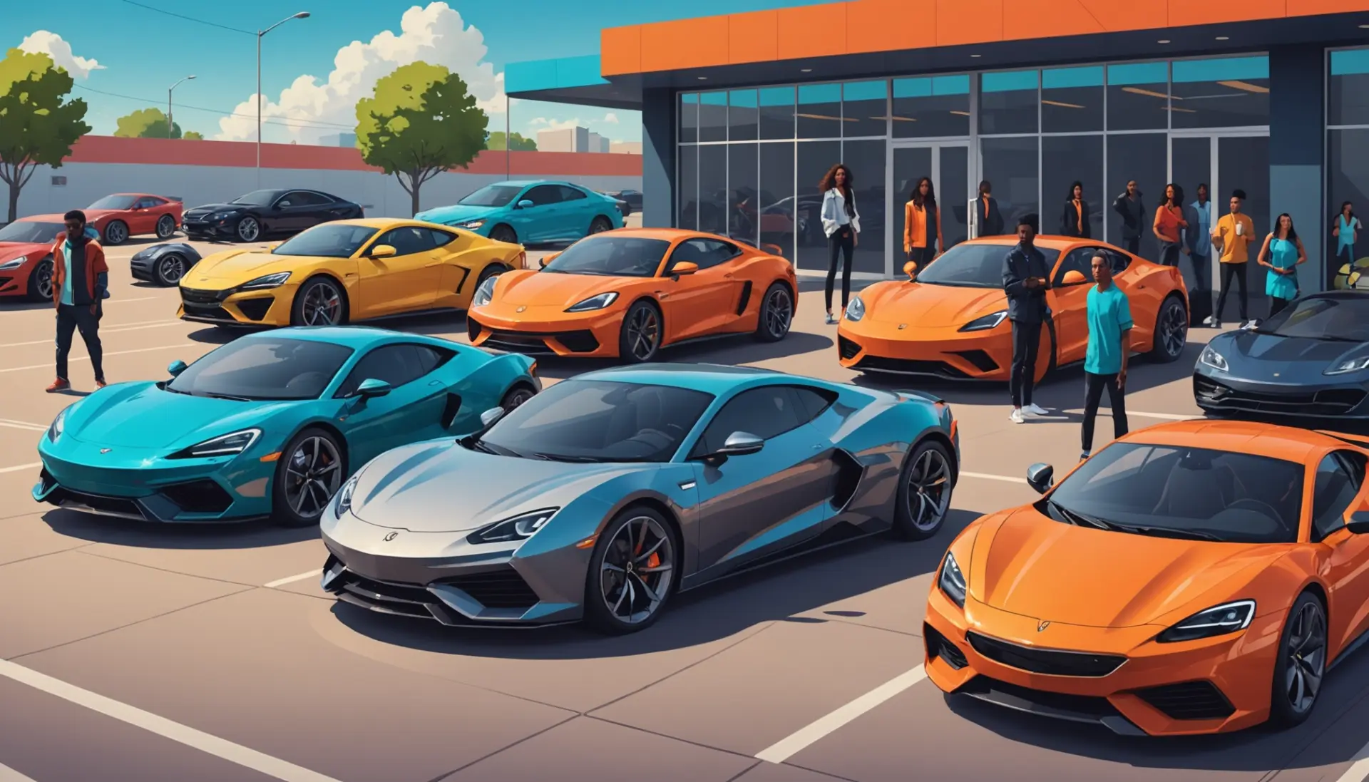 Editorial illustration of people posing around various cars representing slang words for car, including a sleek sports car, a hooptie, and an electric vehicle