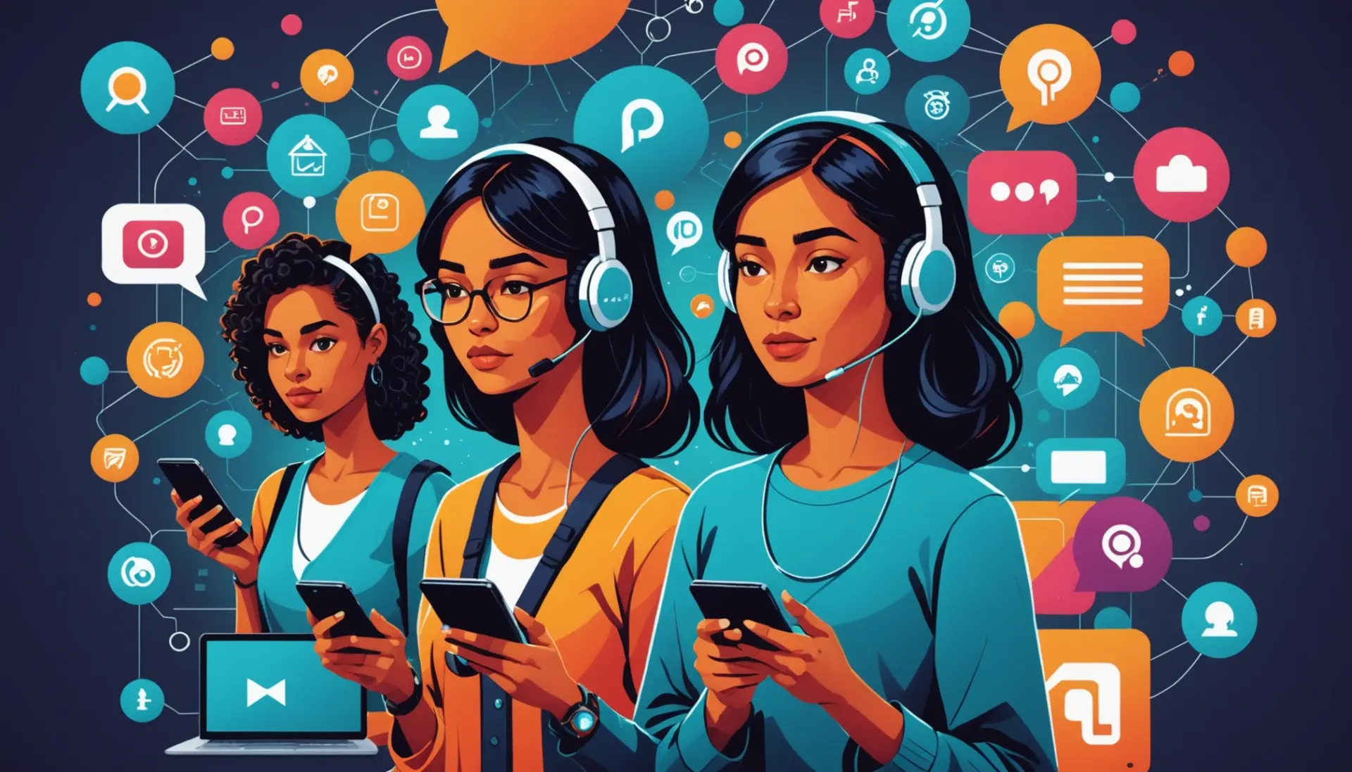 Editorial illustration showing the phrase p2p urban dictionary as a concept, with people and tech icons