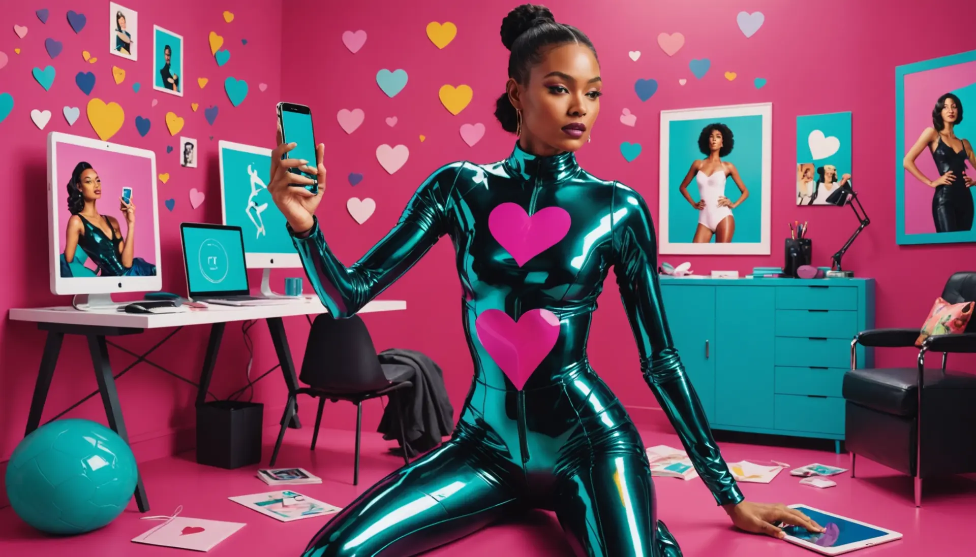 Editorial illustration showing influencers and garments with the phrase bodysuit slang visualized