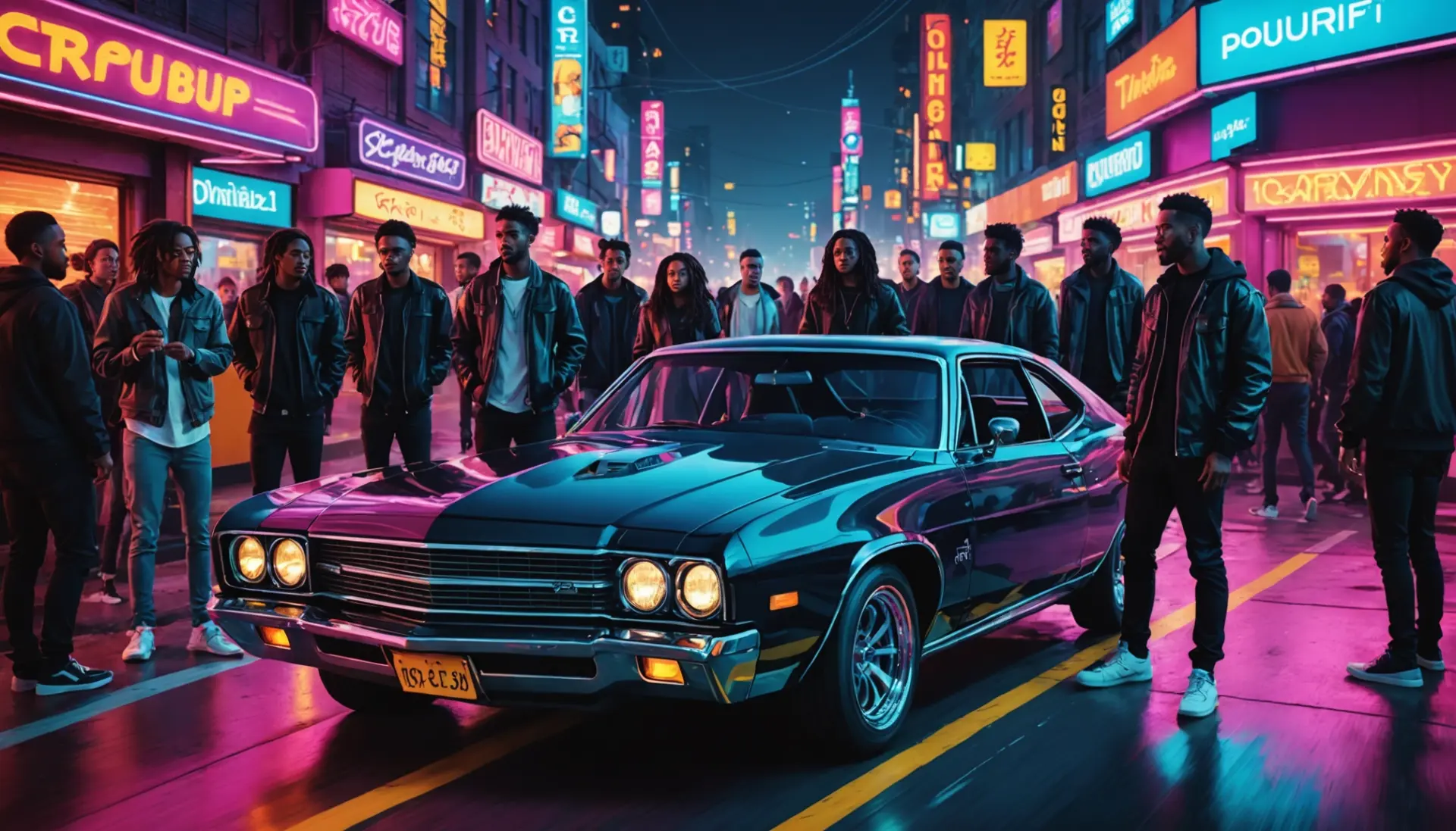 Editorial illustration of a street car labeled as heat slang for car, vibrant scene with people admiring a hot ride