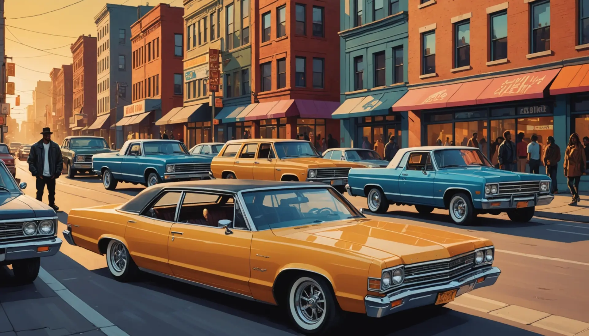 Editorial illustration showing people and stylized cars, highlighting slang words for cars in the scene