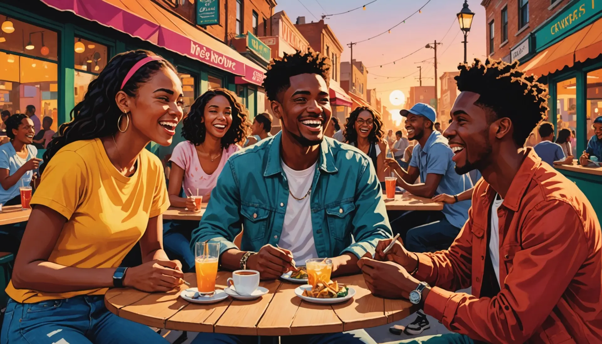 Editorial illustration of friends trading roast synonym slang in a lively street-cafe scene