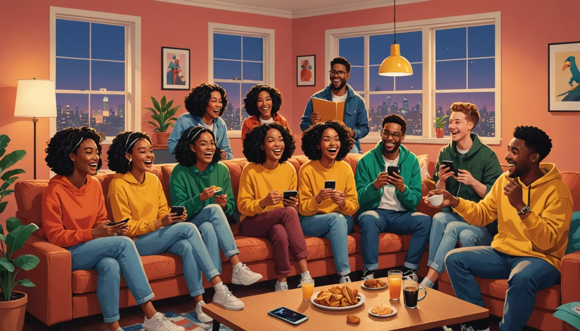 Editorial illustration of friends laughing at a roast, roast definition slang