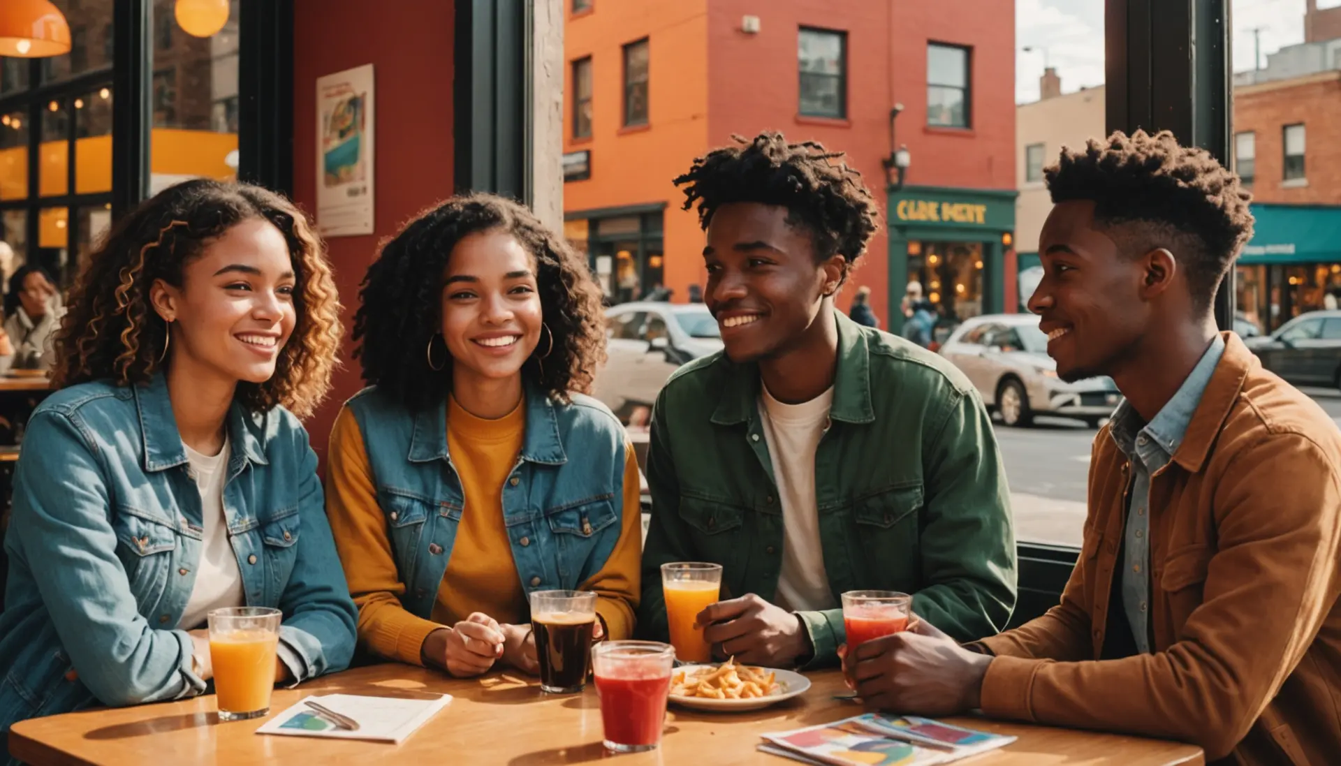 Editorial illustration showing people discussing 'what is a dike slang' in a cafe setting