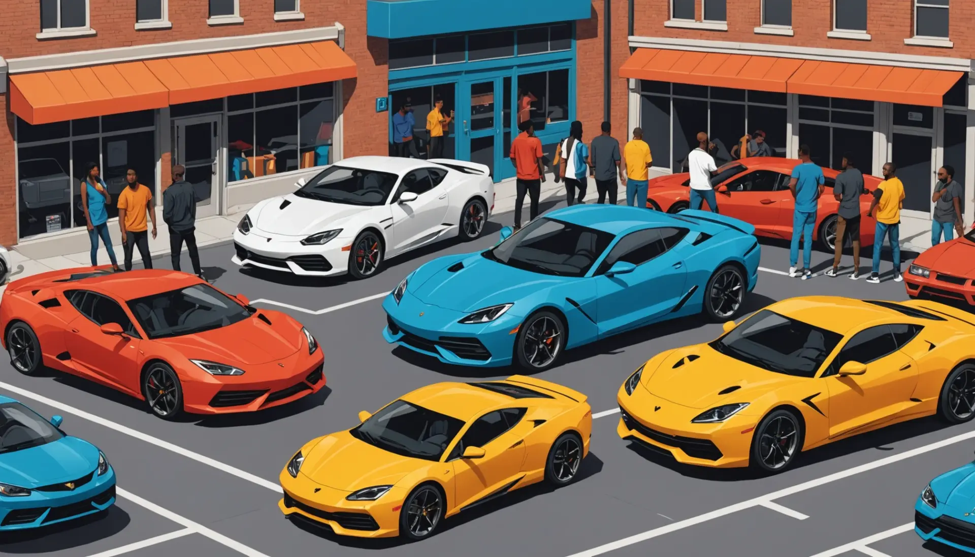 Editorial illustration showing people around different cars with labels like whip and hoopty, reflecting slang names for a car