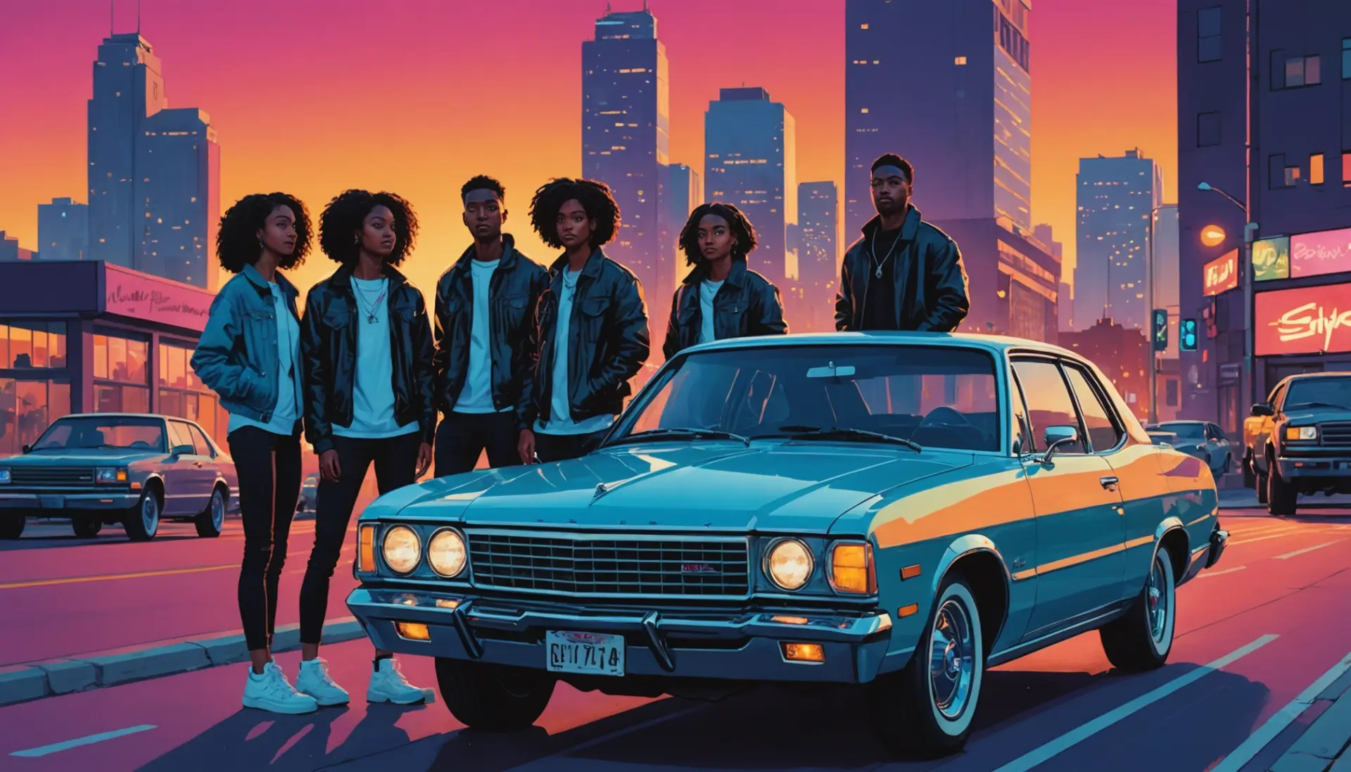 Editorial illustration of young people around a car, with the phrase ride definition slang implied by scene