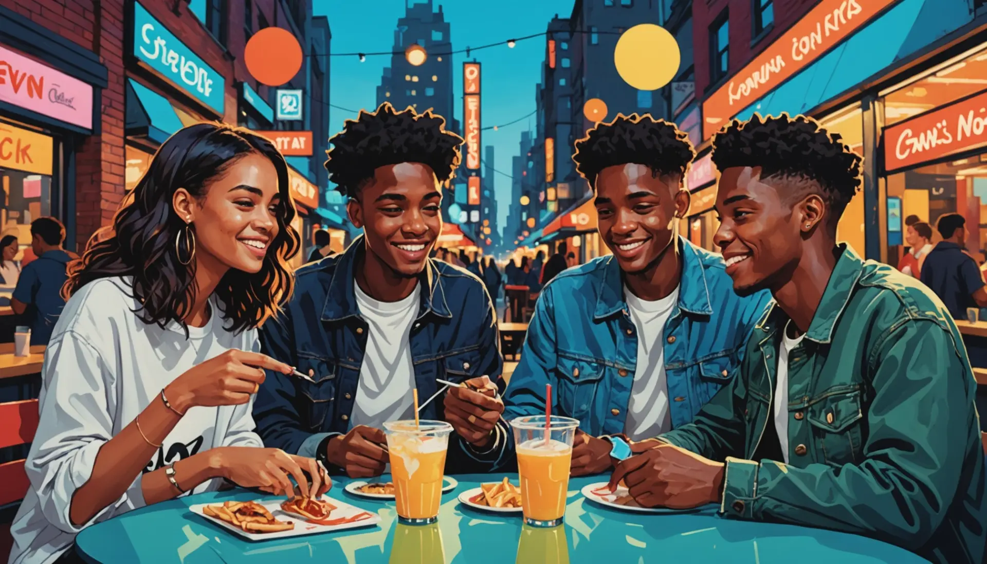 Editorial illustration showing the phrase needle meaning slang with people playfully poking each other, urban vibe