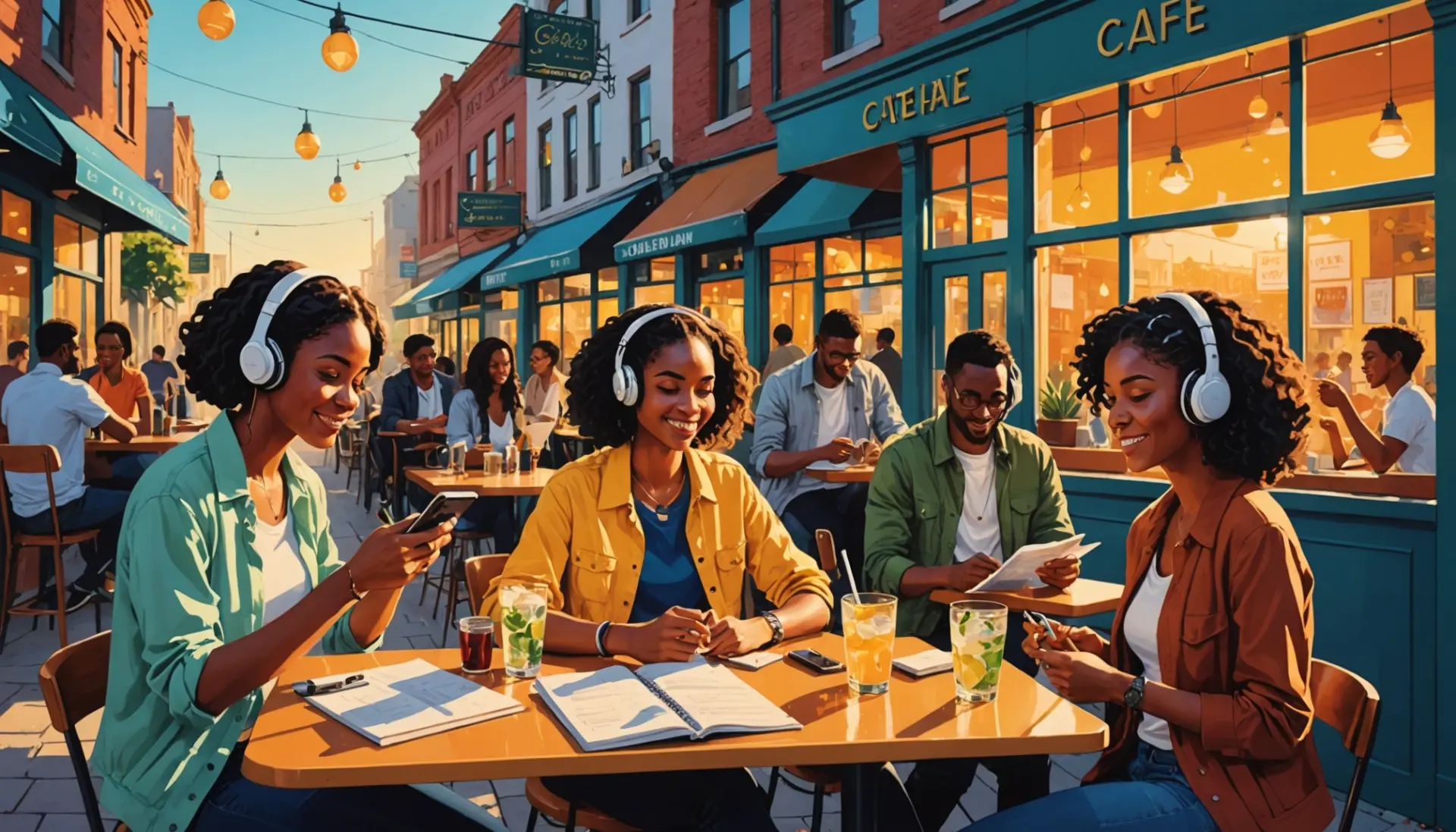 Editorial illustration of diverse people enjoying a gin and tonic and listening to music, asking what does tonic mean