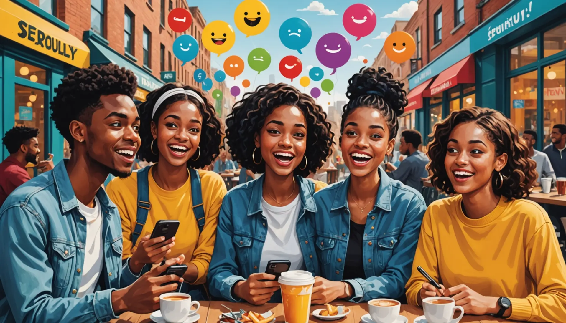 Editorial illustration showing young people reacting to the phrase seriously in modern slang