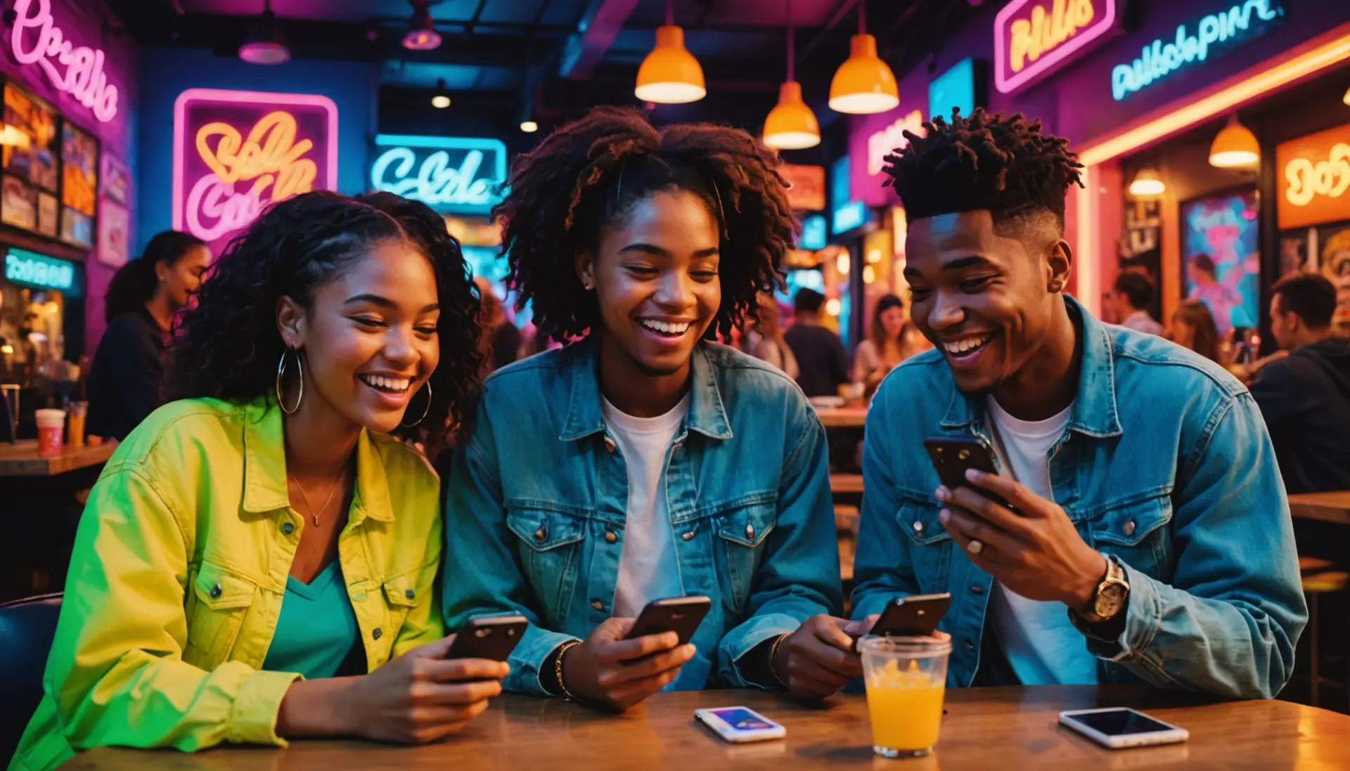Editorial illustration of young people using phones, caption shows 'gaig meaning slang' vibe