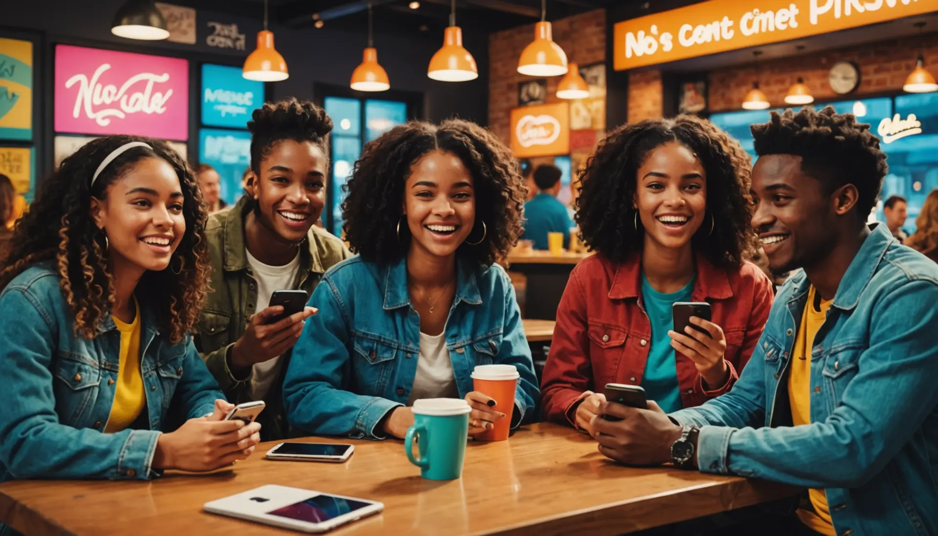 Editorial illustration showing young people reacting to slang text bubbles with the phrase what is the huzz slang visible as a search bar query