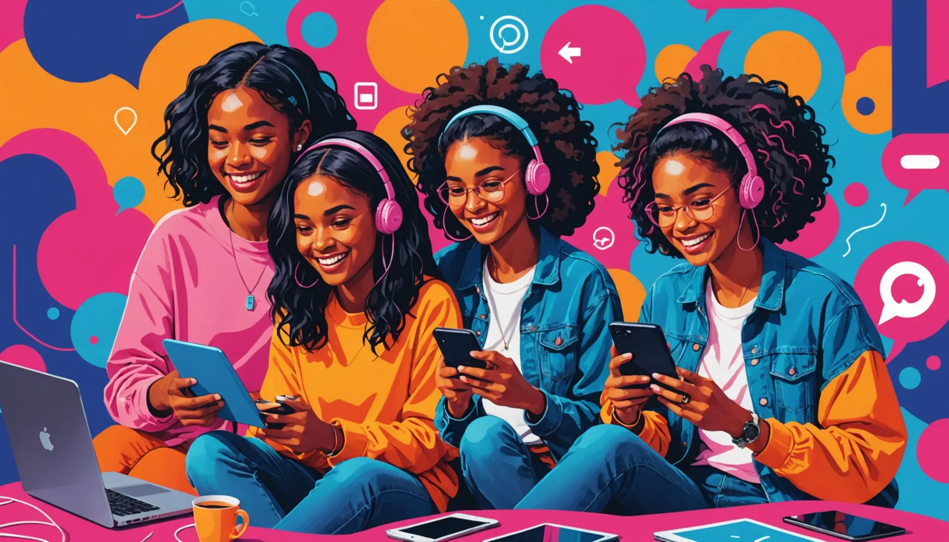 Editorial illustration showing young people using phones with the phrase seriously, in modern slang implied