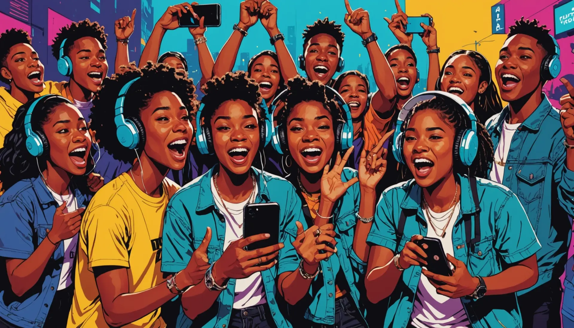 Bright editorial illustration showing young people reacting as a song slaps, with the phrase slaps urban dictionary implied