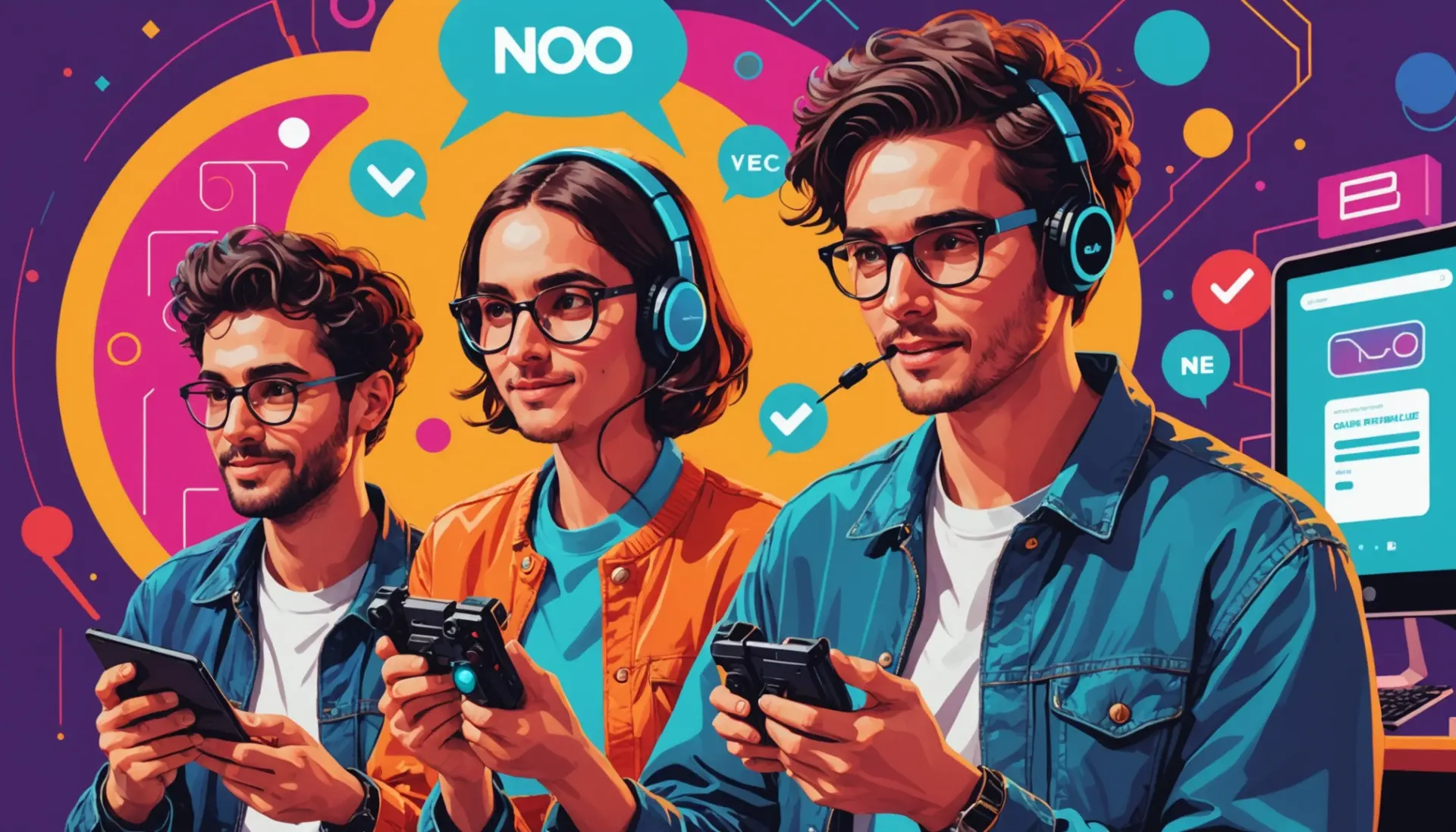 Editorial illustration representing the phrase no aa urban dictionary with mixed online contexts, including gaming and messaging
