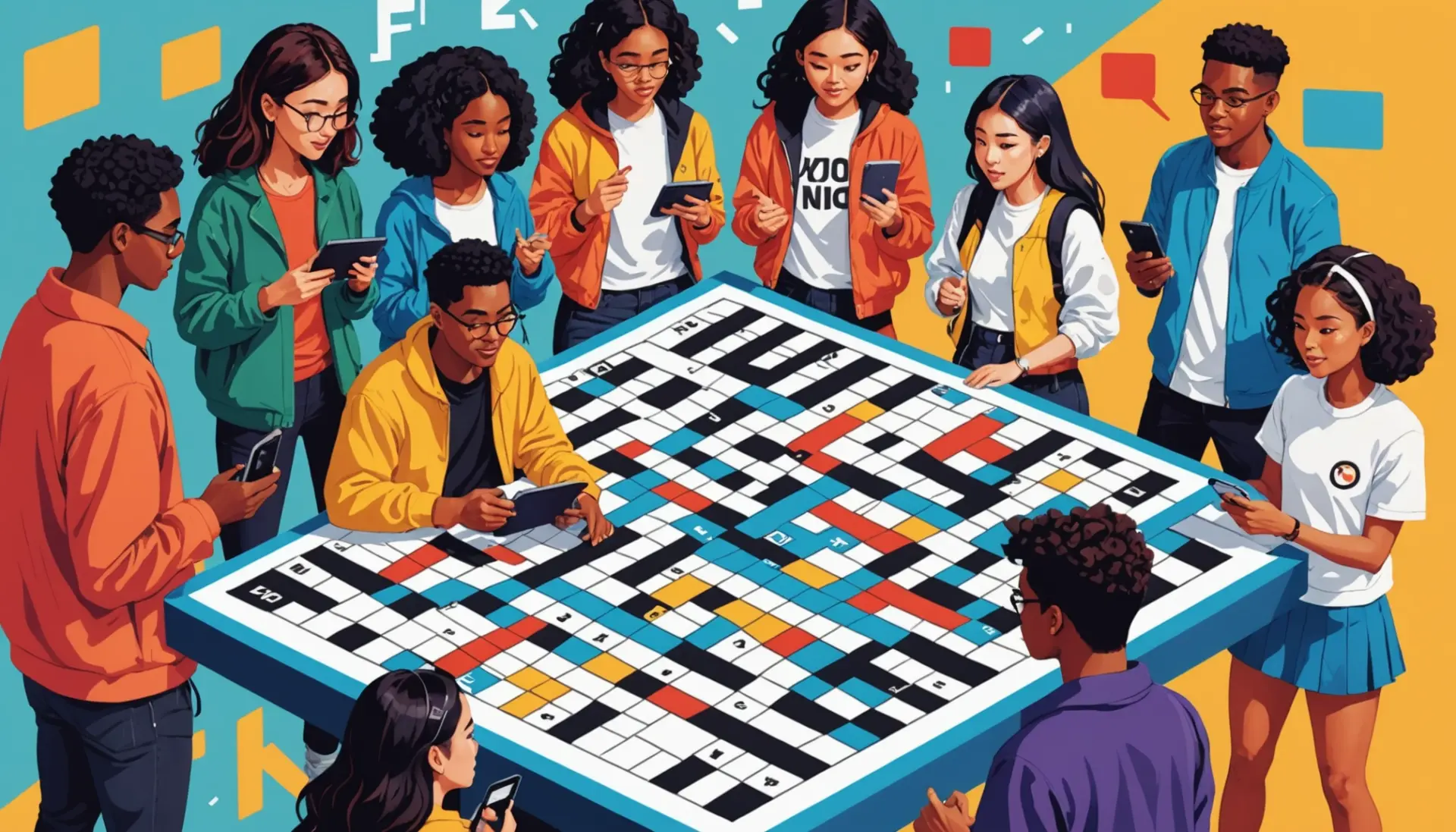 Editorial illustration showing a crossword grid and young people stanning music, caption relates to supportive of something in modern slang crossword
