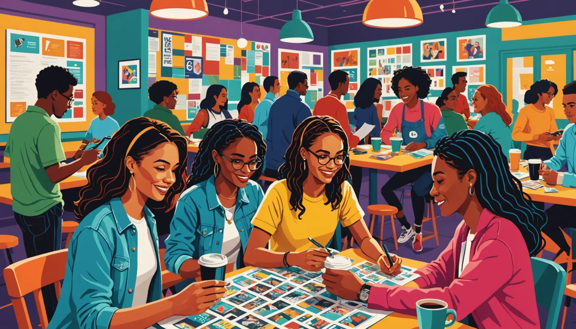 Illustration showing people cheering with speech bubbles including the phrase supportive of something in modern slang crossword clue