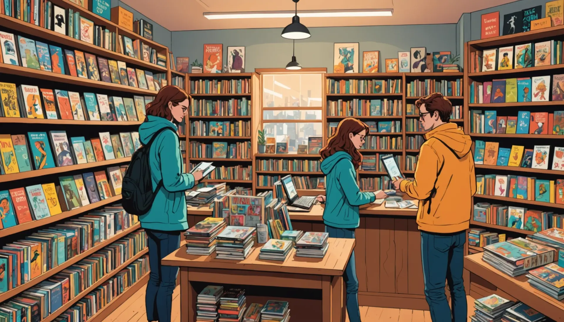 Editorial illustration showing people browsing comics with the words what does fantagraphics mean implied in the scene