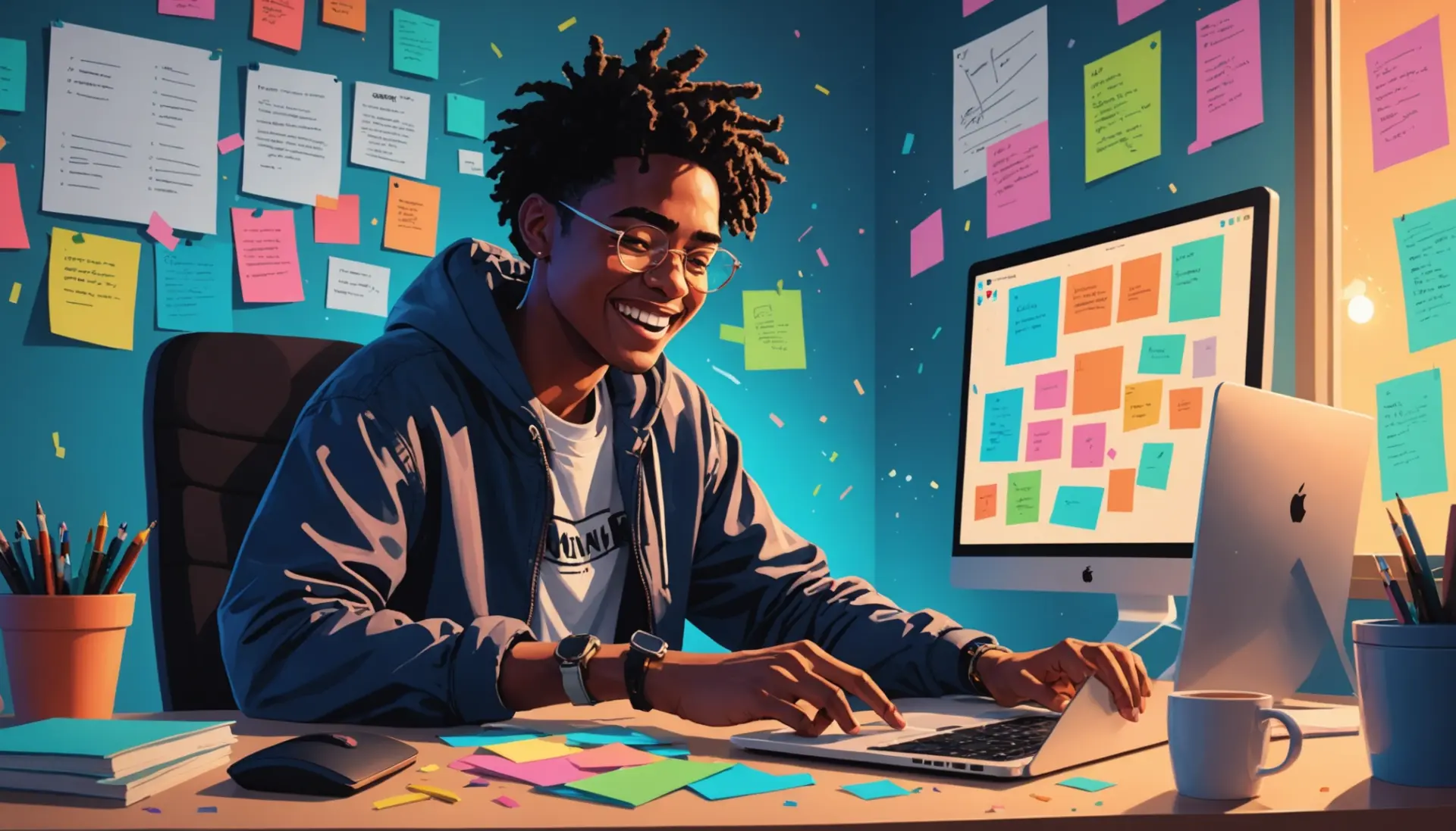 Editorial illustration showing a person laughing at a messy computer screen with the words mangy urban dictionary implied