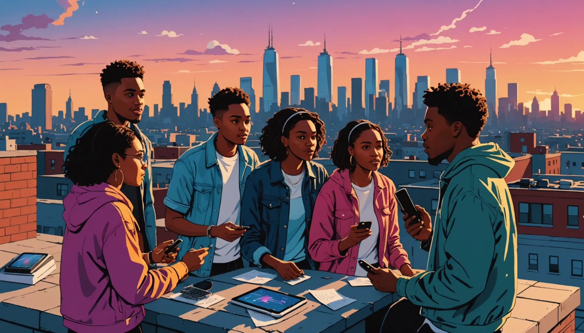 Editorial illustration of young people debating the phrase lamping urban dictionary