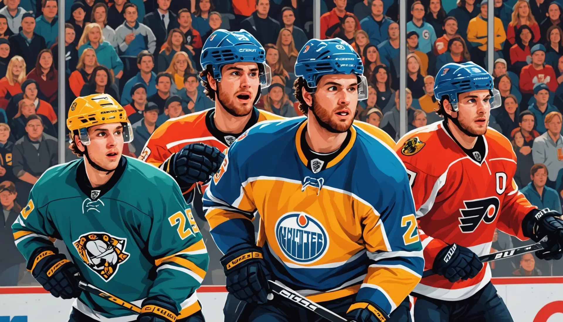 Editorial illustration of fans using hockey slang urban dictionary terms at a rink