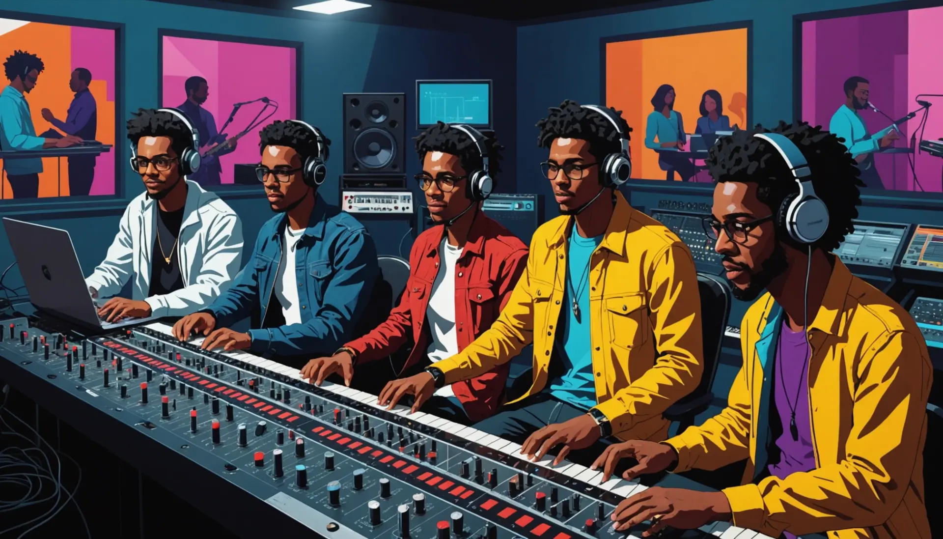 Illustration of musicians in a colorful recording studio with the phrase slang for recording studio context
