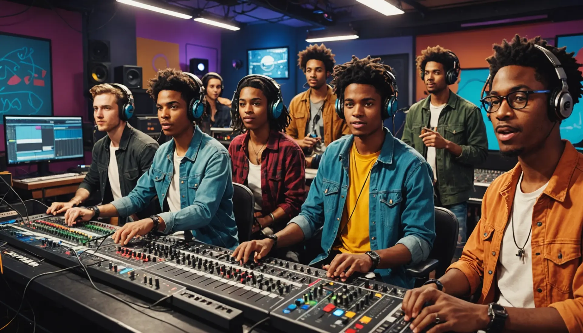 Editorial illustration of musicians in a colorful studio scene with the phrase slang term for a recording studio implied