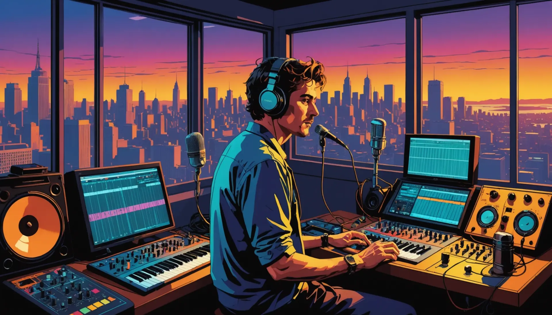 Editorial illustration showing a vibrant recording studio scene, caption hint for slang term for a recording studio nyt