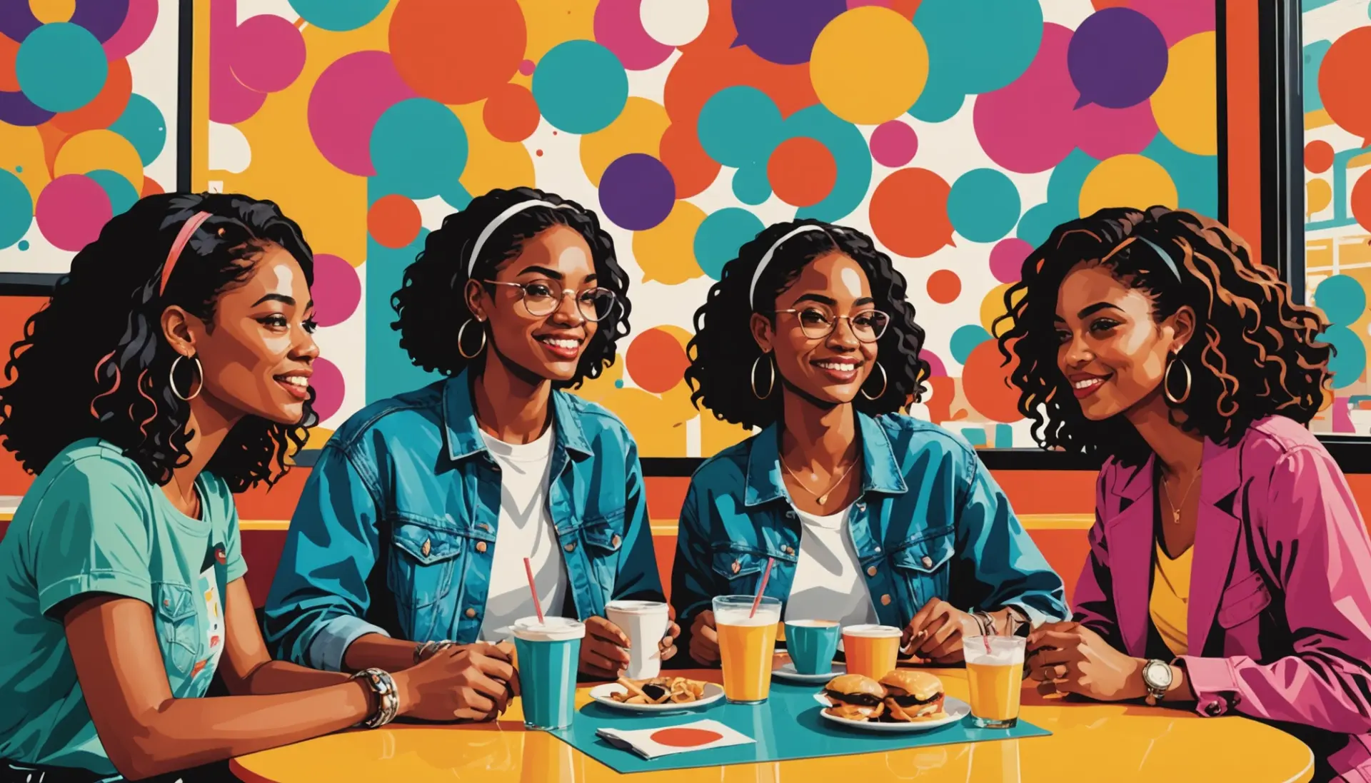 Editorial illustration showing people using sassy synonym slang in chat bubbles