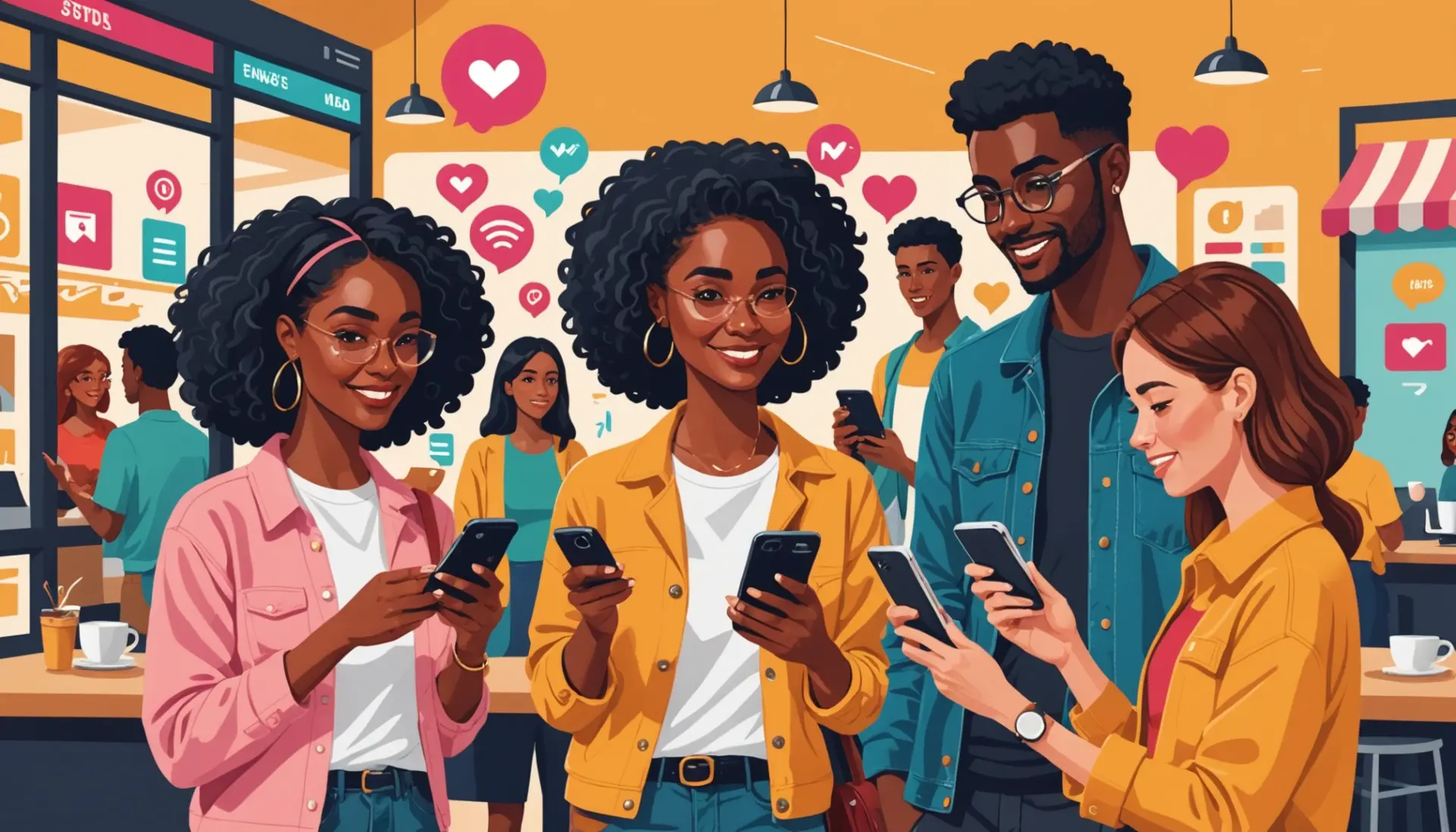 Editorial illustration of people and phones representing what does gmb mean on instagram