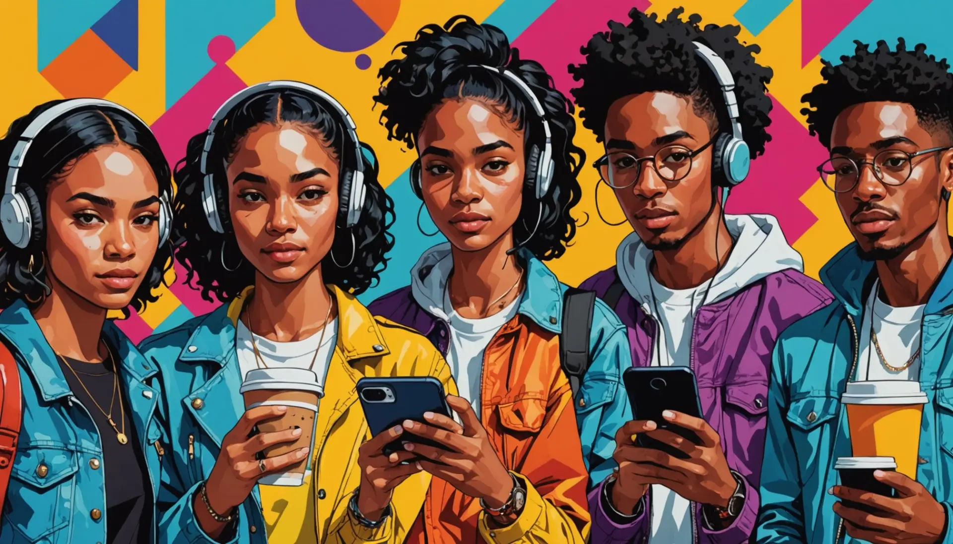 Editorial illustration of people looking at a phone with search results, representing arch urban dictionary