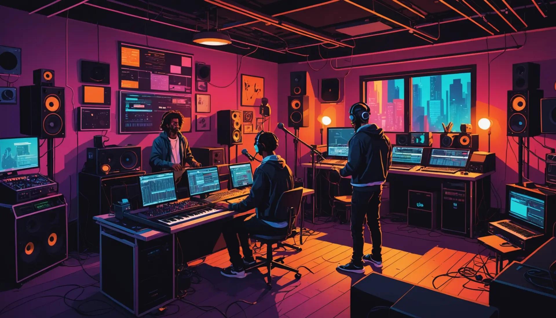 Editorial illustration of musicians in a vibrant recording space, emphasizing the slang term for recording studio
