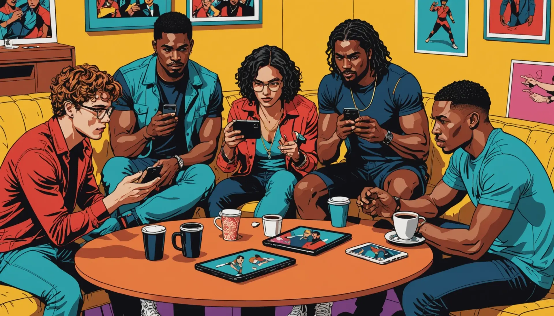Editorial illustration showing fans discussing what does otc mean in wwe on their phones