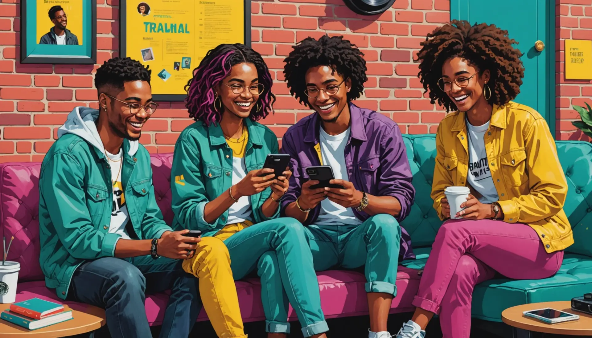 Editorial illustration showing people using phones to read an entry for mint urban dictionary