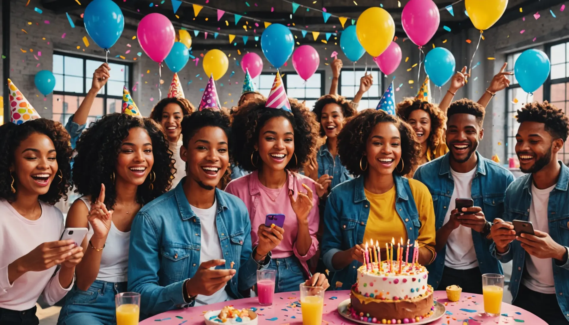 Editorial illustration of a friend group celebrating with cake, captioned vibe showing you the birthday meaning urban dictionary